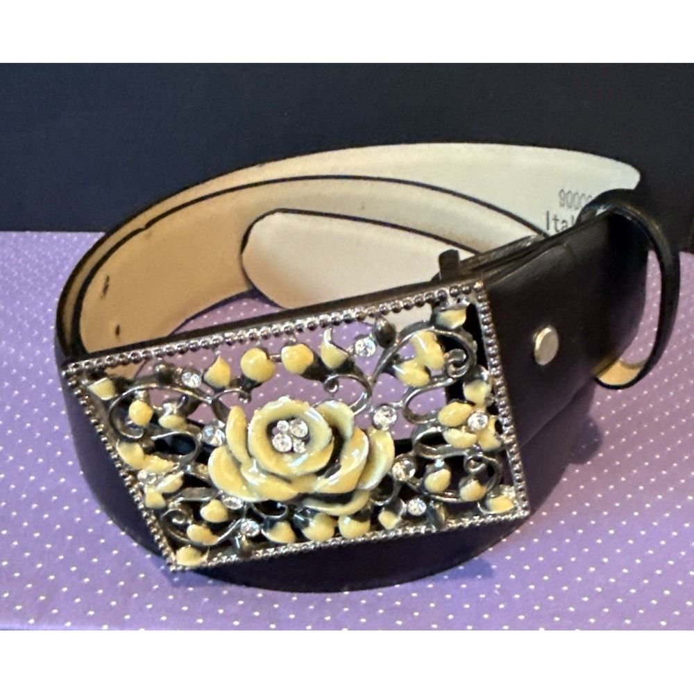 Womens 36" Belt Black Italian Leather Floral Enamel Buckle Rhinestone Glam Chic